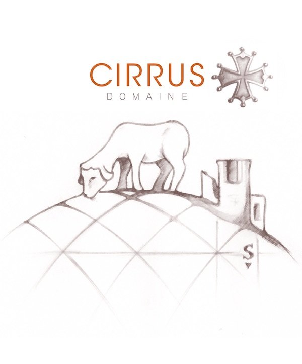 étiquette du Domaine Cirrus représentant l'agneau, la croix cathare et le chateau de Durban