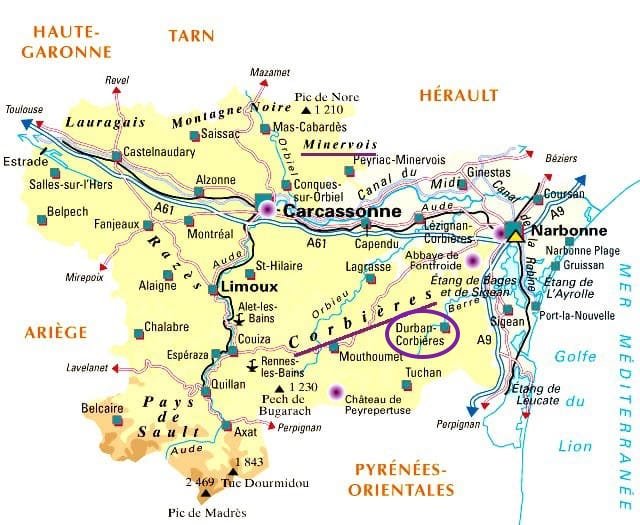 carte de la région des Corbières et situation de Durban-Corbières